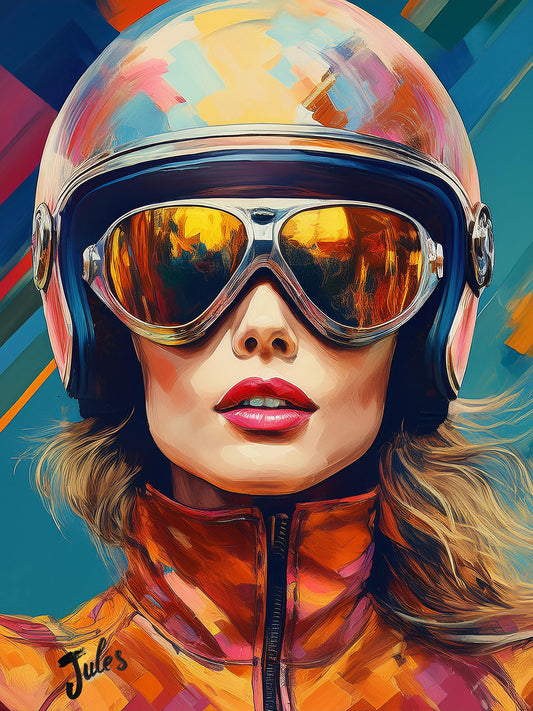 Descarga digital: retrato de una chica de moda con chaqueta de cuero y diseño de casco de motocicleta retro