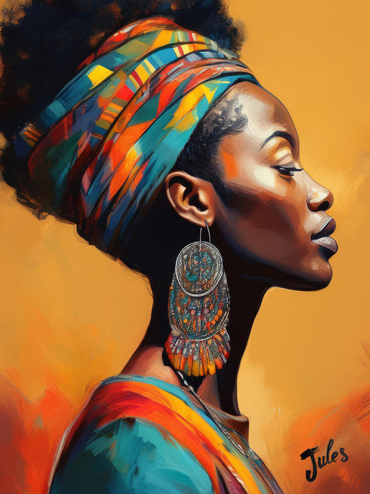 Descarga digital: Retrato de una bella mujer negra africana con un tocado colorido
