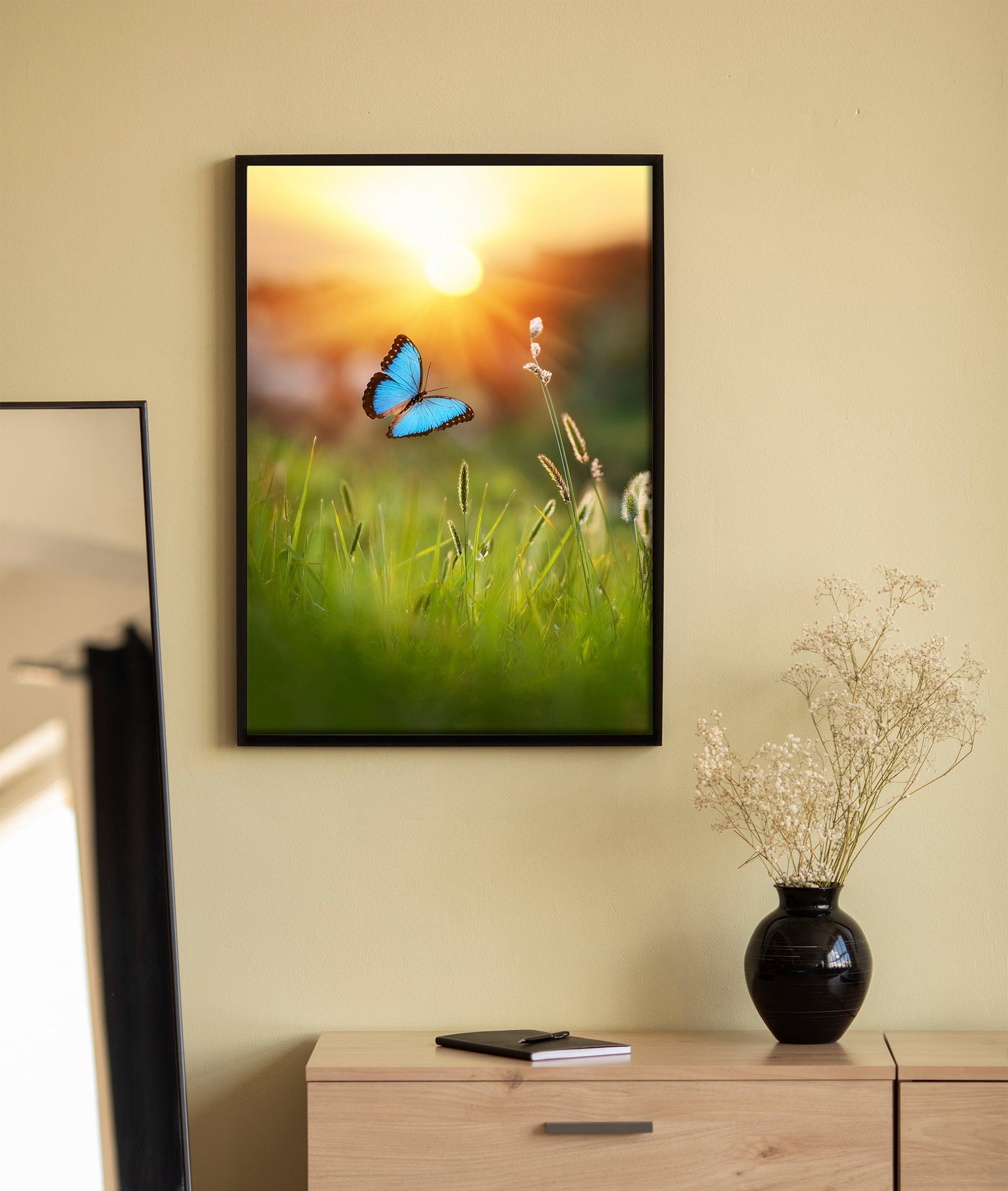 Blue Butterfly Mounted Framed Poster – Serene Meadow Sunset Art