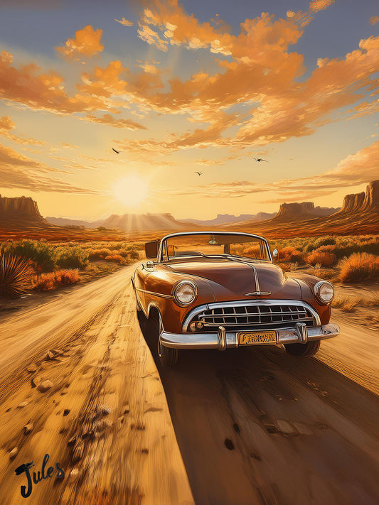 Téléchargement numérique – Voiture décapotable américaine classique – Scène de coucher de soleil dans le désert