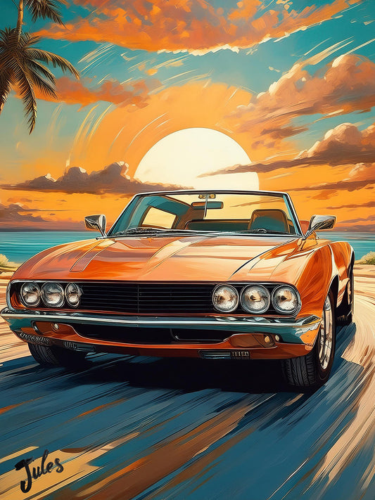 Téléchargement numérique – Voiture américaine de style classique – Scène de plage au coucher du soleil